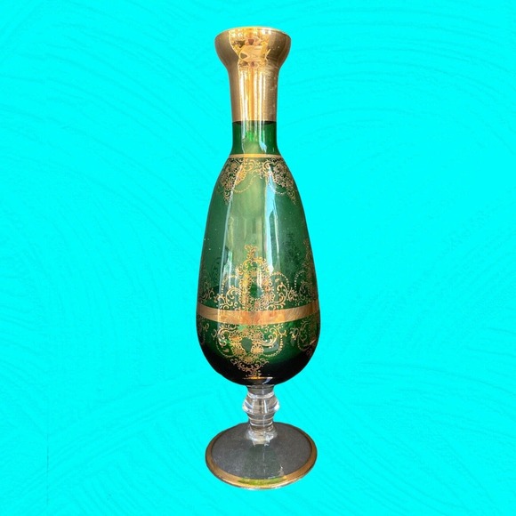 Vintage Green Glass Footed Vase, Gold Trim 10 1/2” Tall - Picture 3 of 9
